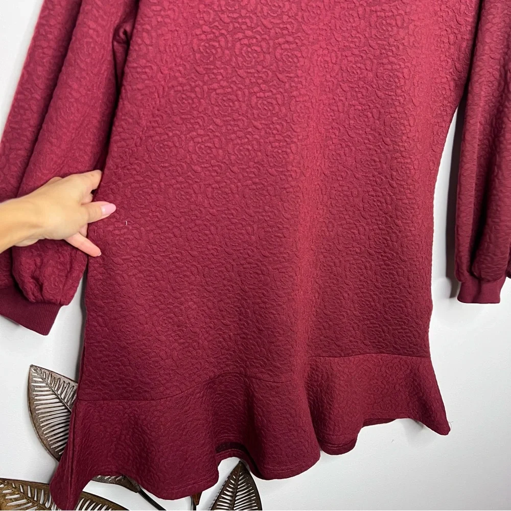 H23 Anthropologie‎ Mare Mare Odila Texture Floral Knit Tunic Dress Wine Red